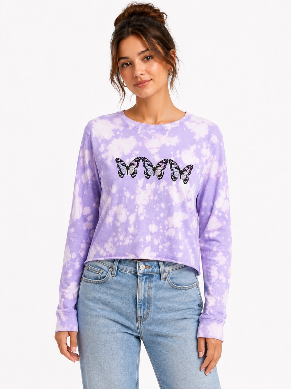 No Boundaries Women’s Small Purple Butterfly Tie Dye Cropped Long Sleeve Top